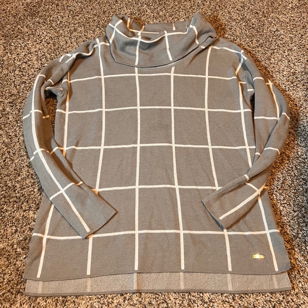 Calvin Klein Gray Grid Cowl Neck Knit‎ Sweater Tunic Top Women's Small